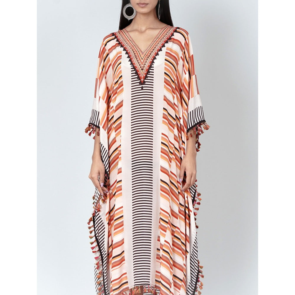 First Resort by Ramola Bachchan Orange Stripe Mid Length Kaftan