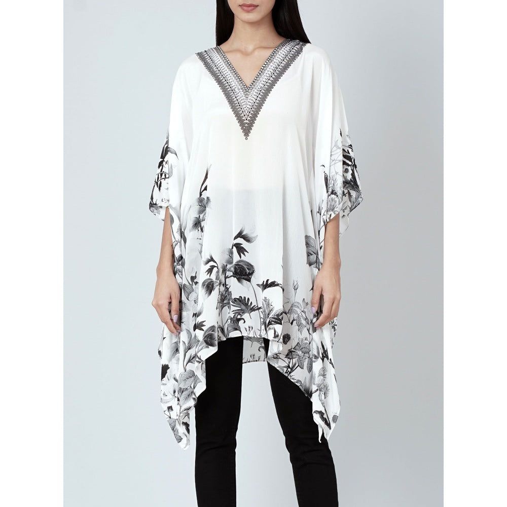 First Resort by Ramola Bachchan White Embellished Floral Kaftan Top