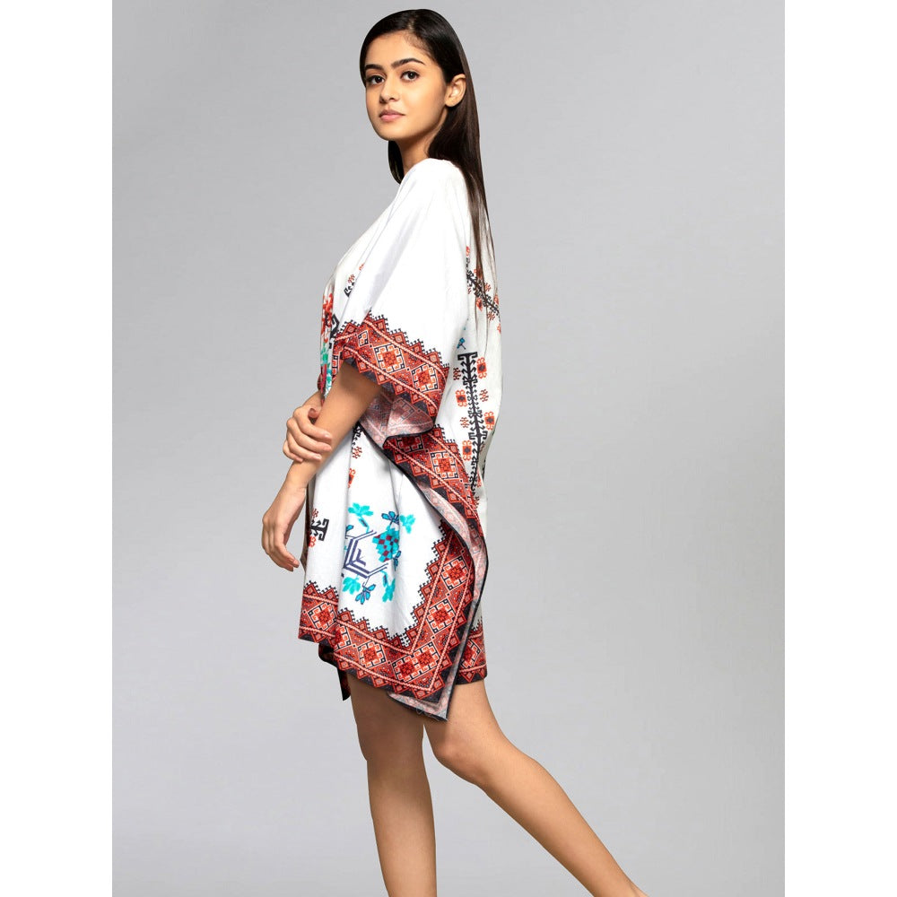 First Resort by Ramola Bachchan White And Blue Mosaic Print Kaftan Top