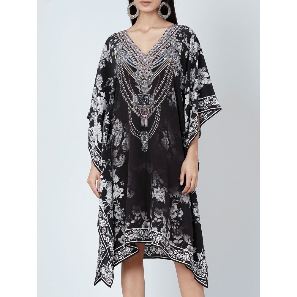 First Resort by Ramola Bachchan Black And White Floral Print Silk Kaftan Tunic