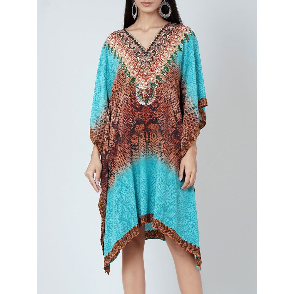 First Resort by Ramola Bachchan Blue And Brown Python Print Silk Kaftan Tunic
