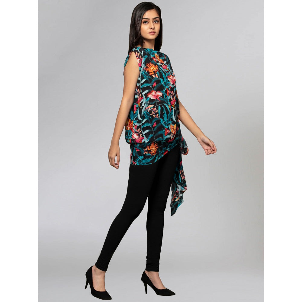 First Resort by Ramola Bachchan Black Tropical Print Top