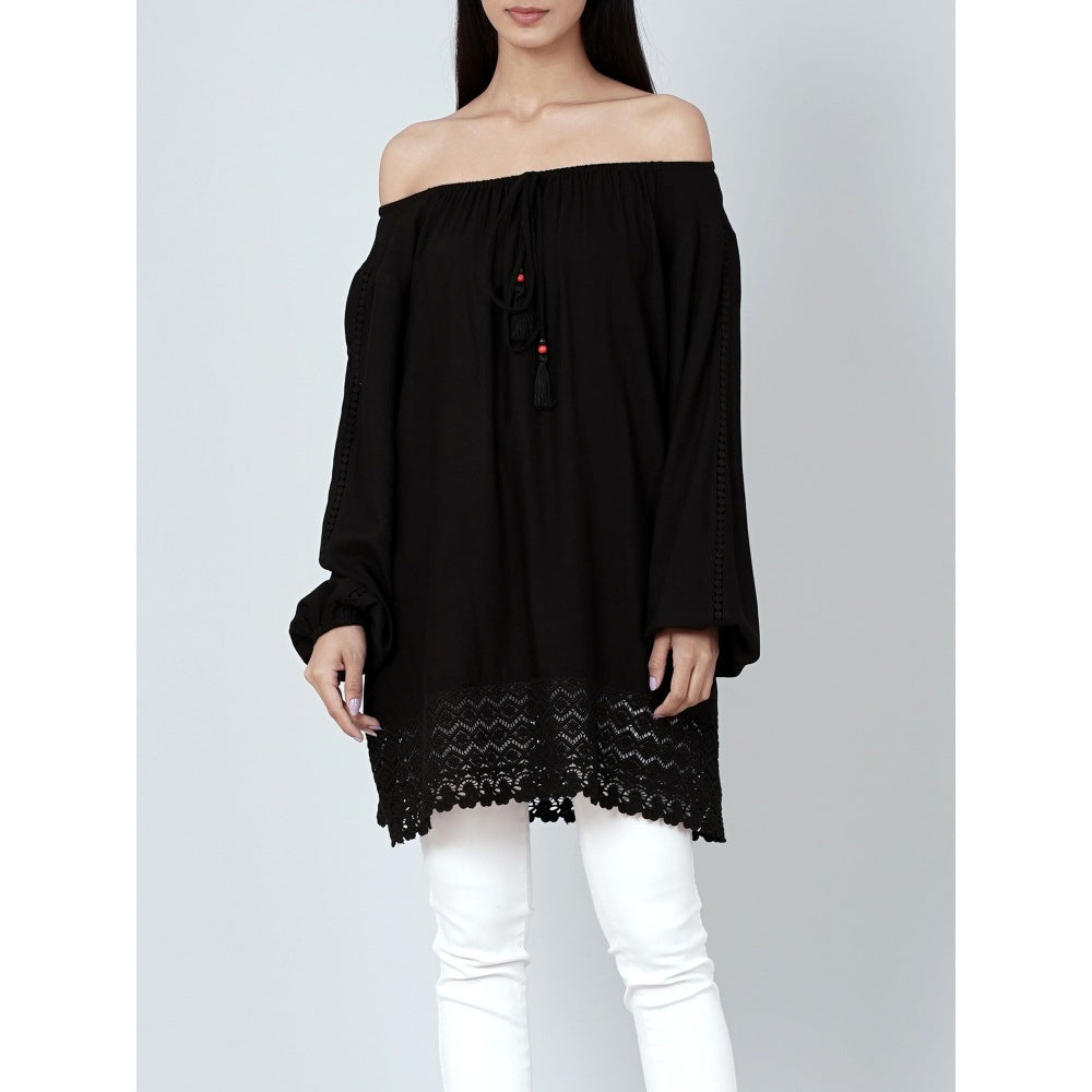 First Resort by Ramola Bachchan Black Lace Peasant Top