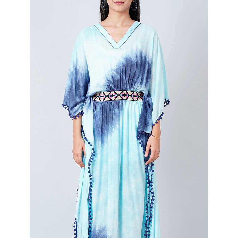 First Resort by Ramola Bachchan Blue Tie-Dye Full Length Kaftan with Lace