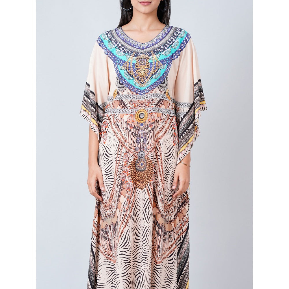First Resort by Ramola Bachchan Beige Zebra Print Embellished Silk Full Length Kaftan