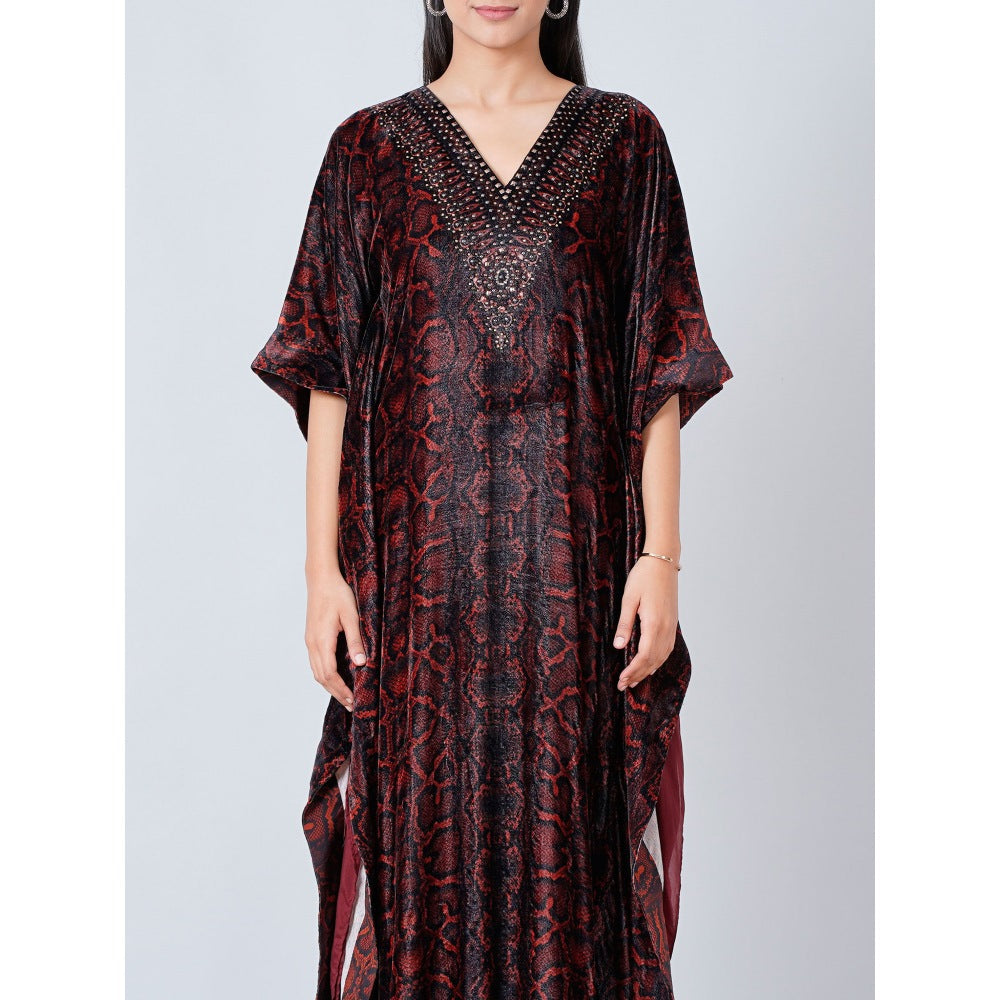 First Resort by Ramola Bachchan Maroon Animal Print Embellished Silk Velvet Full Length Kaftan