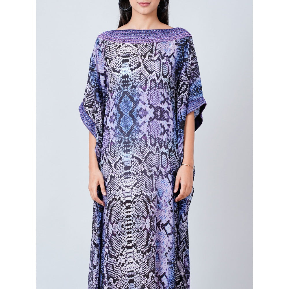 First Resort by Ramola Bachchan Blue Animal Print Embroidered Full Length Kaftan