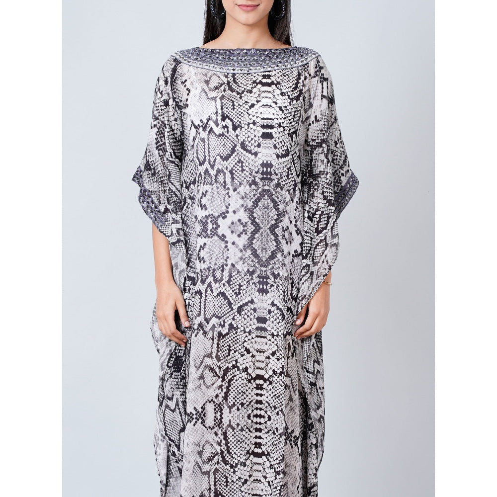 First Resort by Ramola Bachchan Grey Animal Print Embroidered Full Length Kaftan