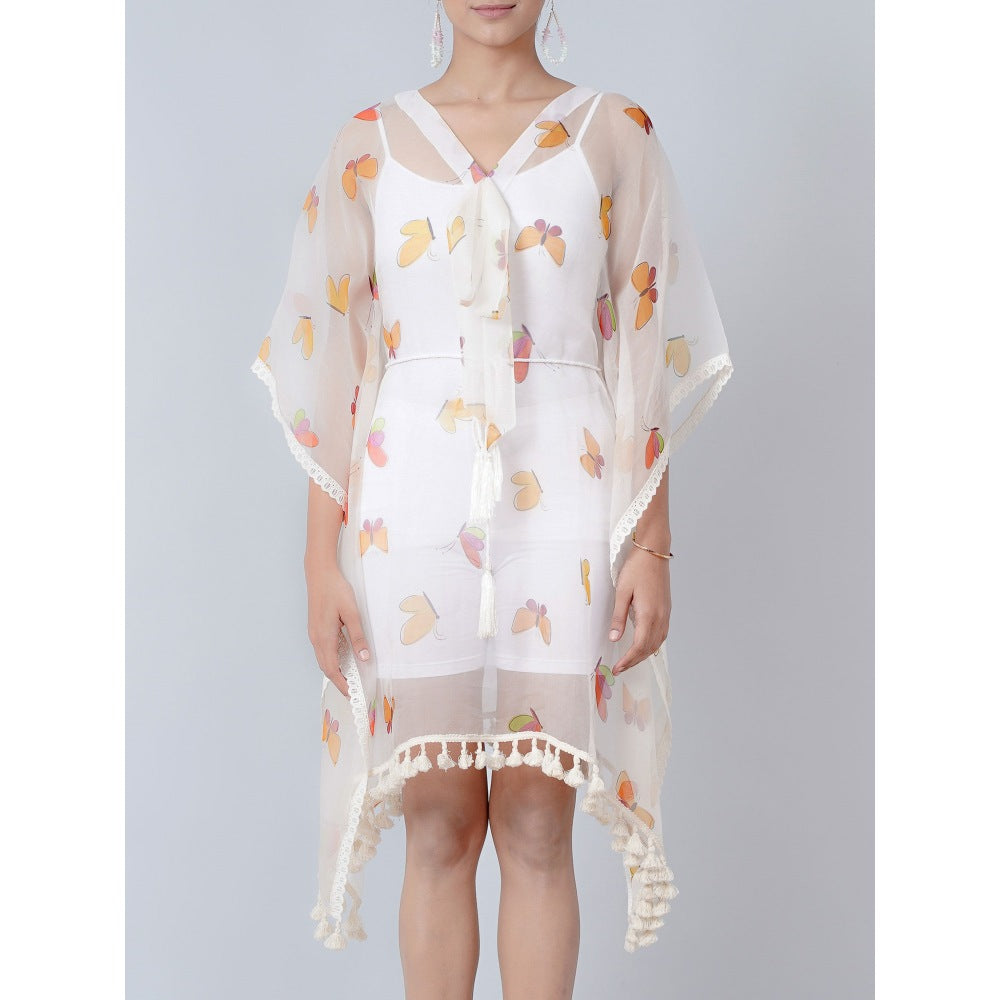 First Resort by Ramola Bachchan White Butterfly Mid Length Kaftan