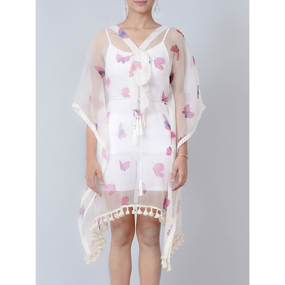 First Resort by Ramola Bachchan White Butterfly Mid Length Kaftan