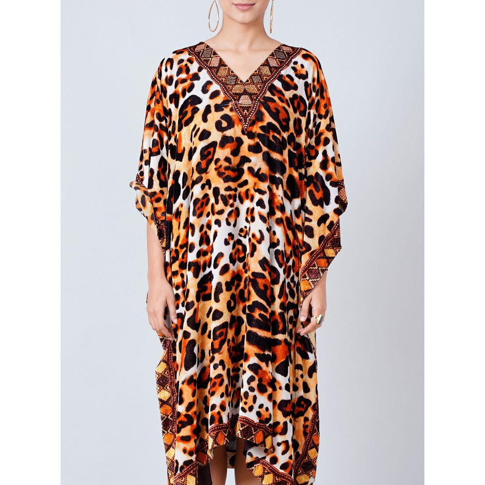 First Resort by Ramola Bachchan Brown Animal Print Silk Velvet Mid Length Kaftan