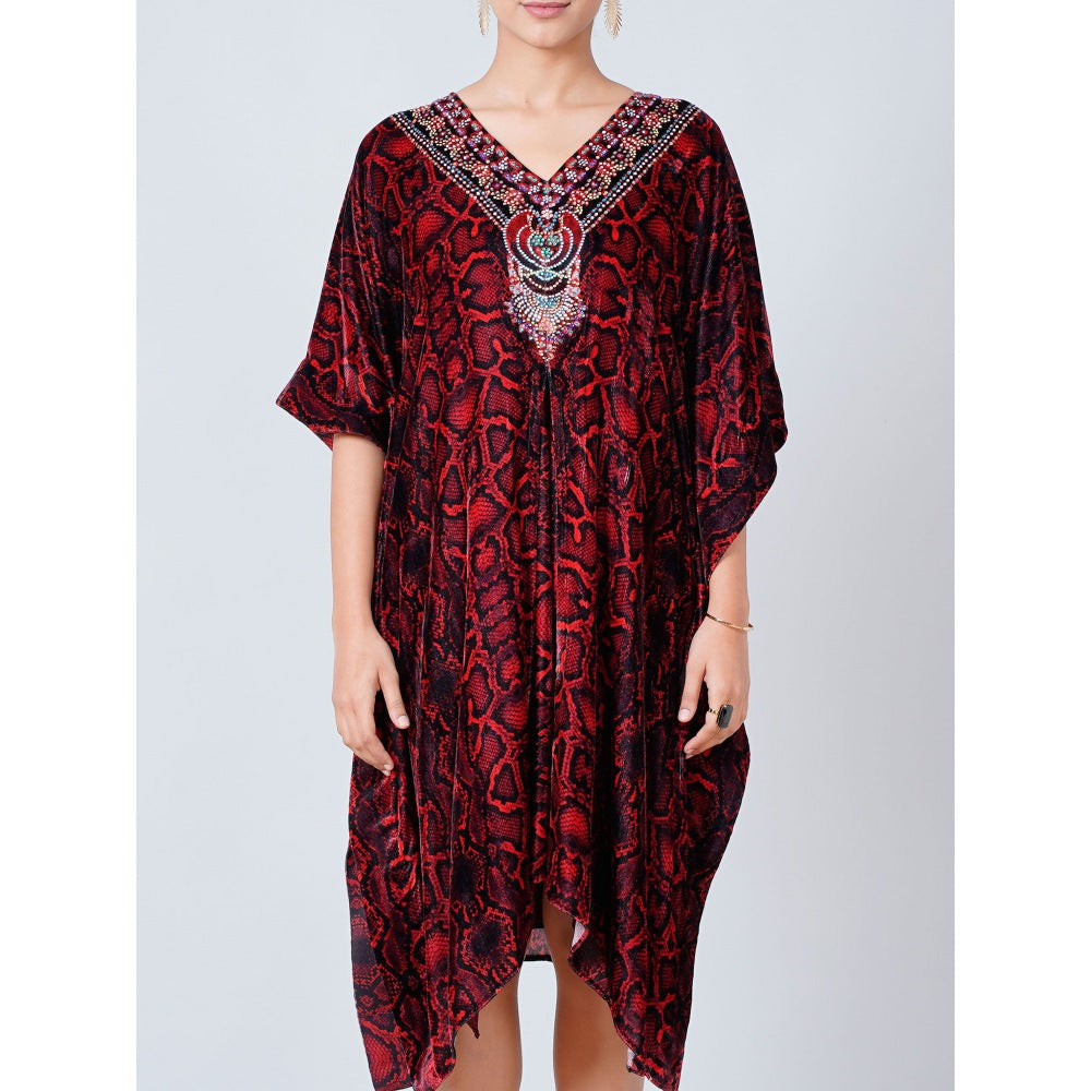 First Resort by Ramola Bachchan Maroon Animal Print Silk Velvet Mid Length Kaftan