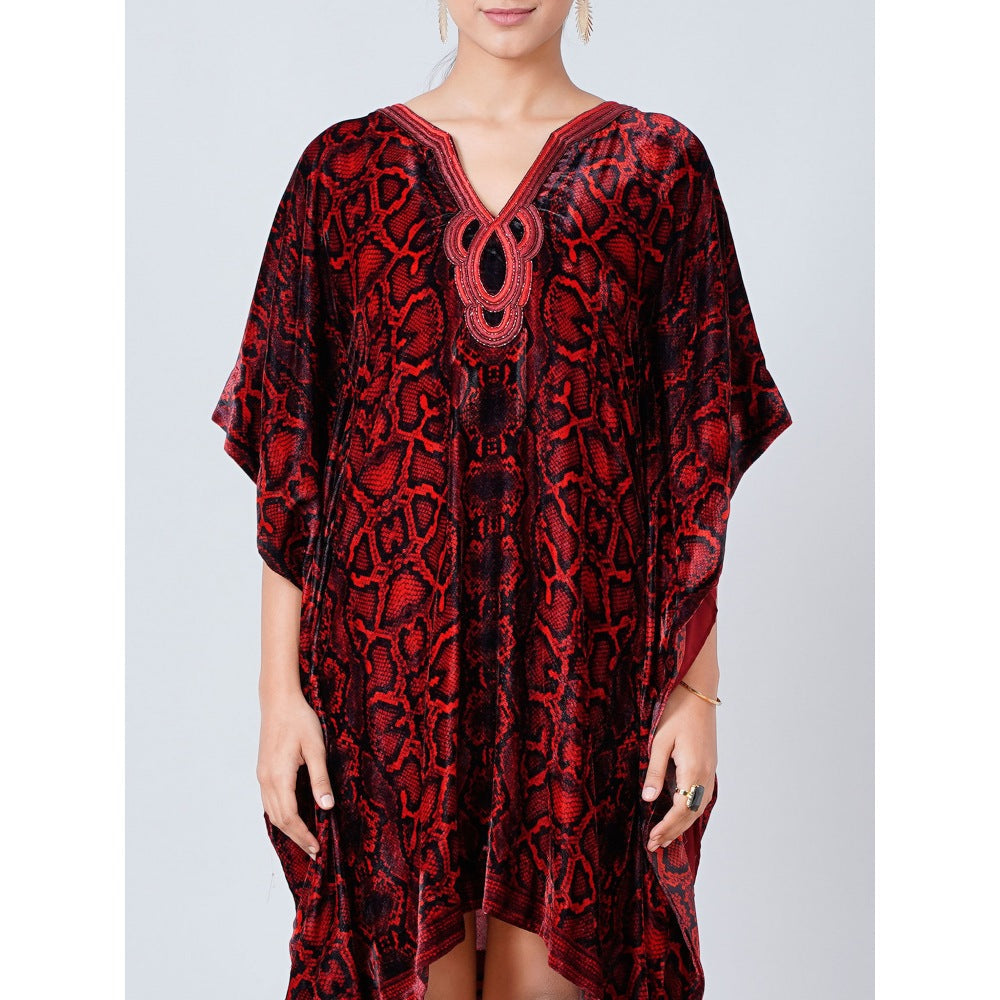 First Resort by Ramola Bachchan Maroon Hand Embroidered Animal Print Silk Velvet Kaftan Tunic