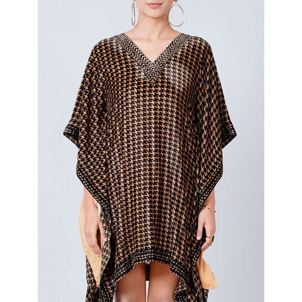 First Resort by Ramola Bachchan Brown Crystal Embellished Houndstooth Silk Velvet Tunic