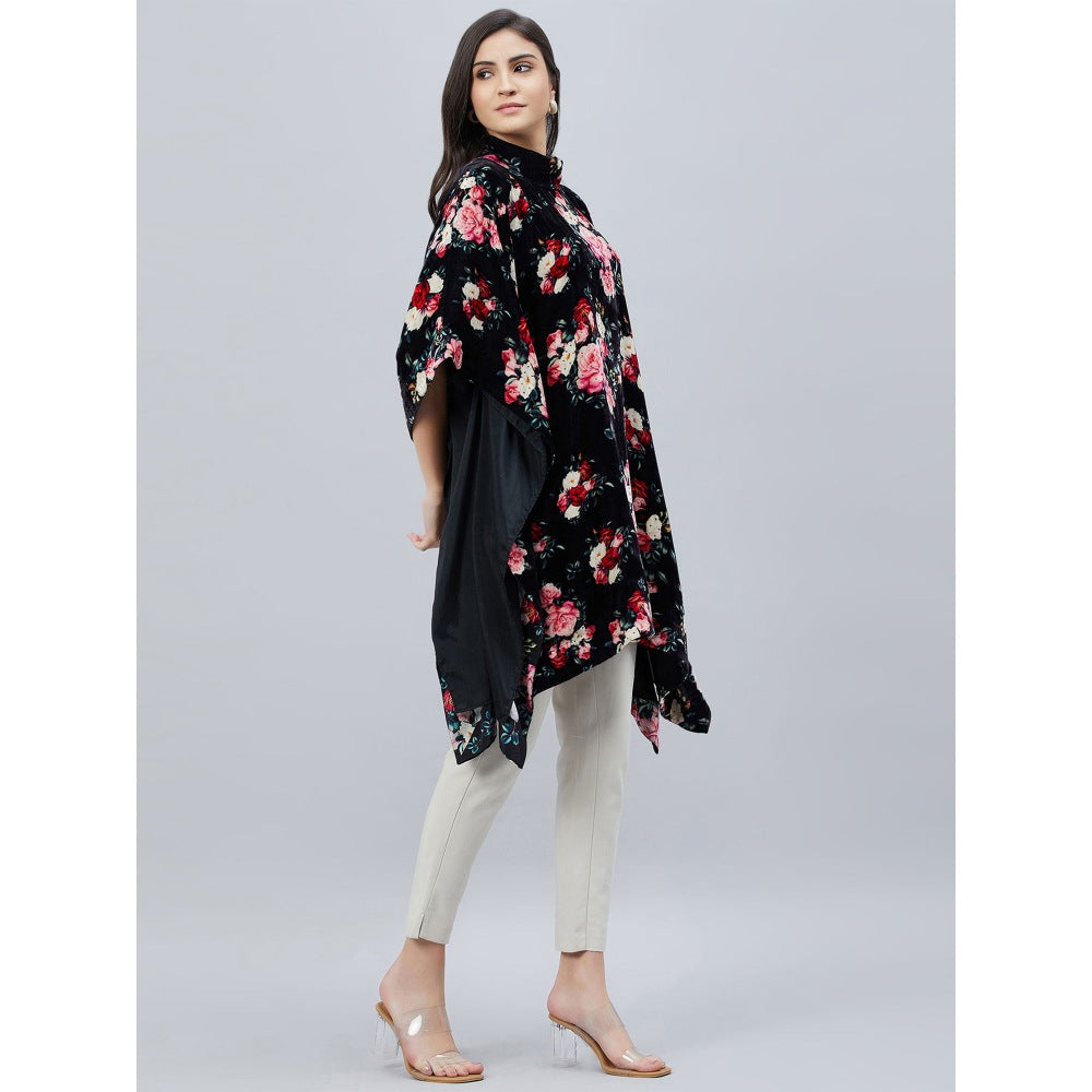 First Resort by Ramola Bachchan Black and Red Floral Crystal Studded Silk Velvet Tunic