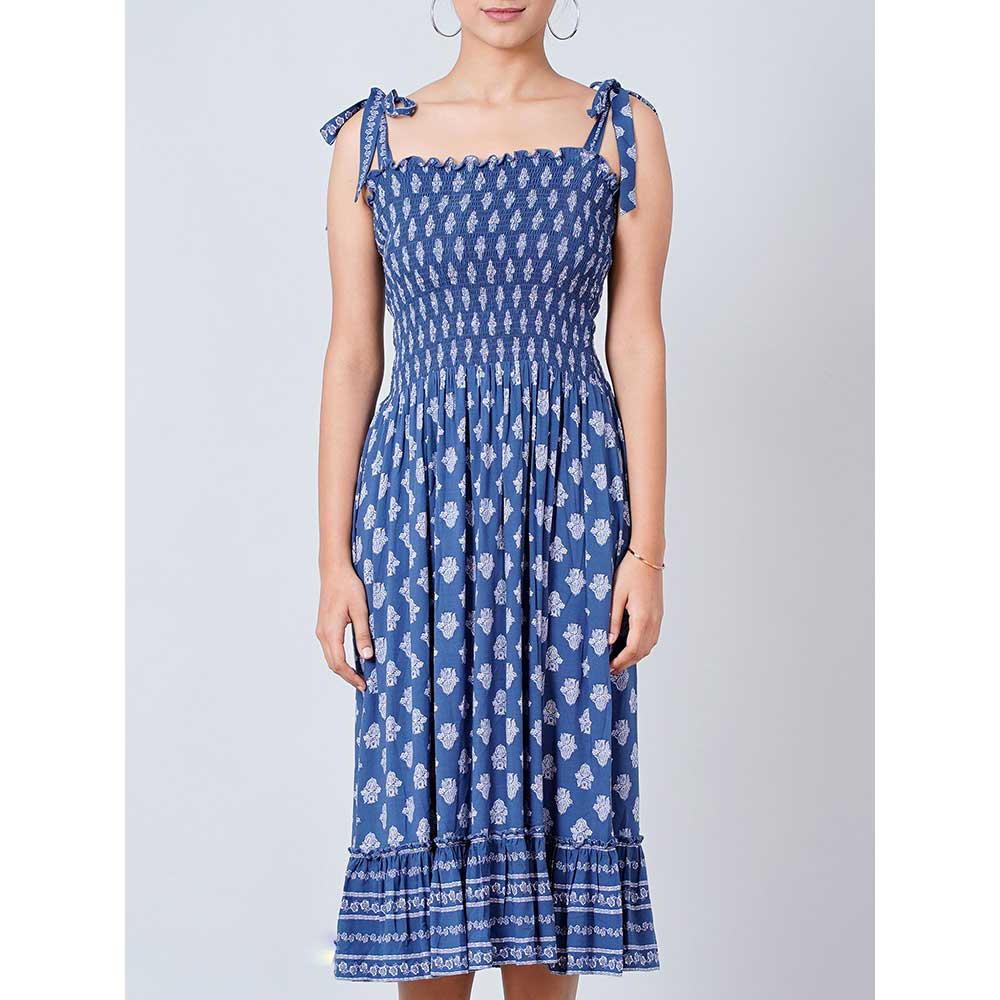 First Resort by Ramola Bachchan Blue Midi Smocked Sundress