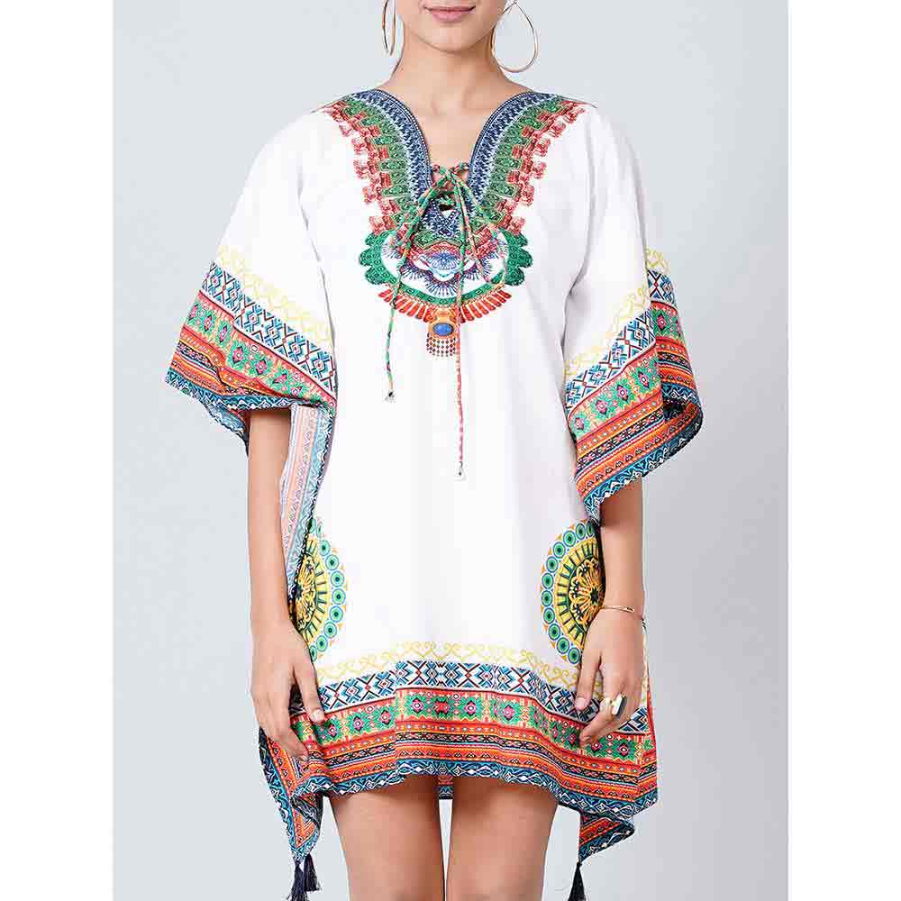 First Resort by Ramola Bachchan White and Green Tribal Kaftan Top