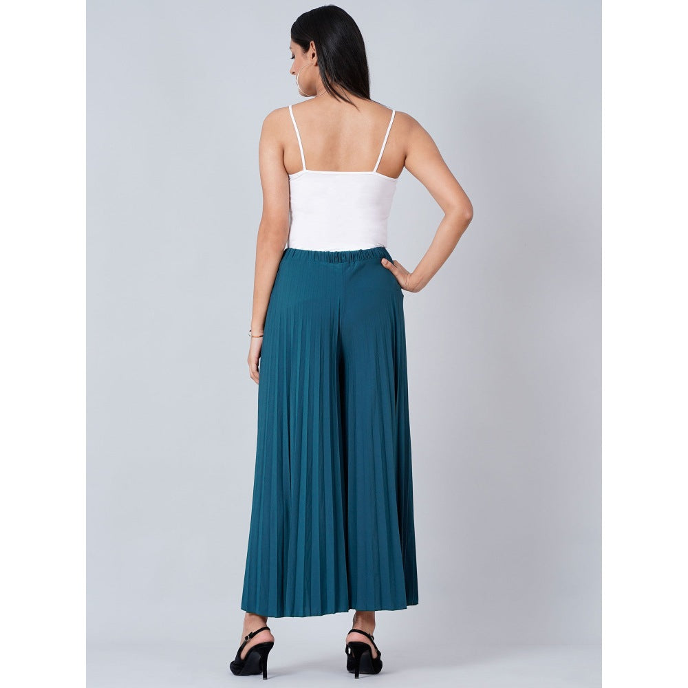 First Resort by Ramola Bachchan Teal Blue Wide Leg Pleated Palazzo