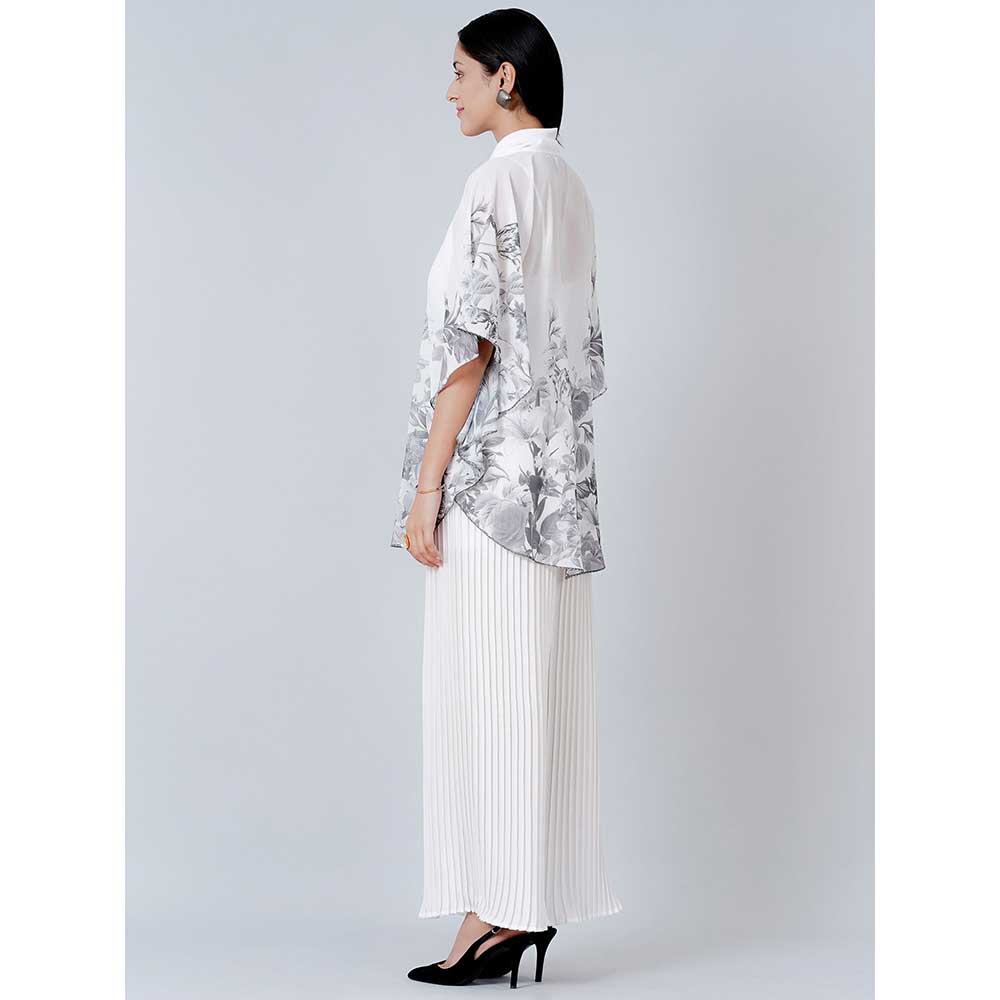 First Resort by Ramola Bachchan Grey Floral Top and White Pleated Palazzo (Set of 2)