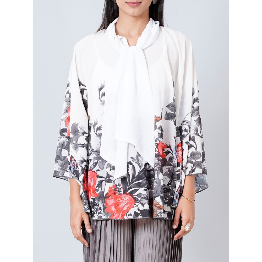 First Resort by Ramola Bachchan Red and Grey Floral Top