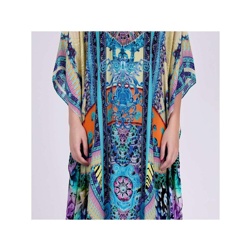 First Resort by Ramola Bachchan Blue And Pink Abstract Embellished Silk Full Length Kaftan