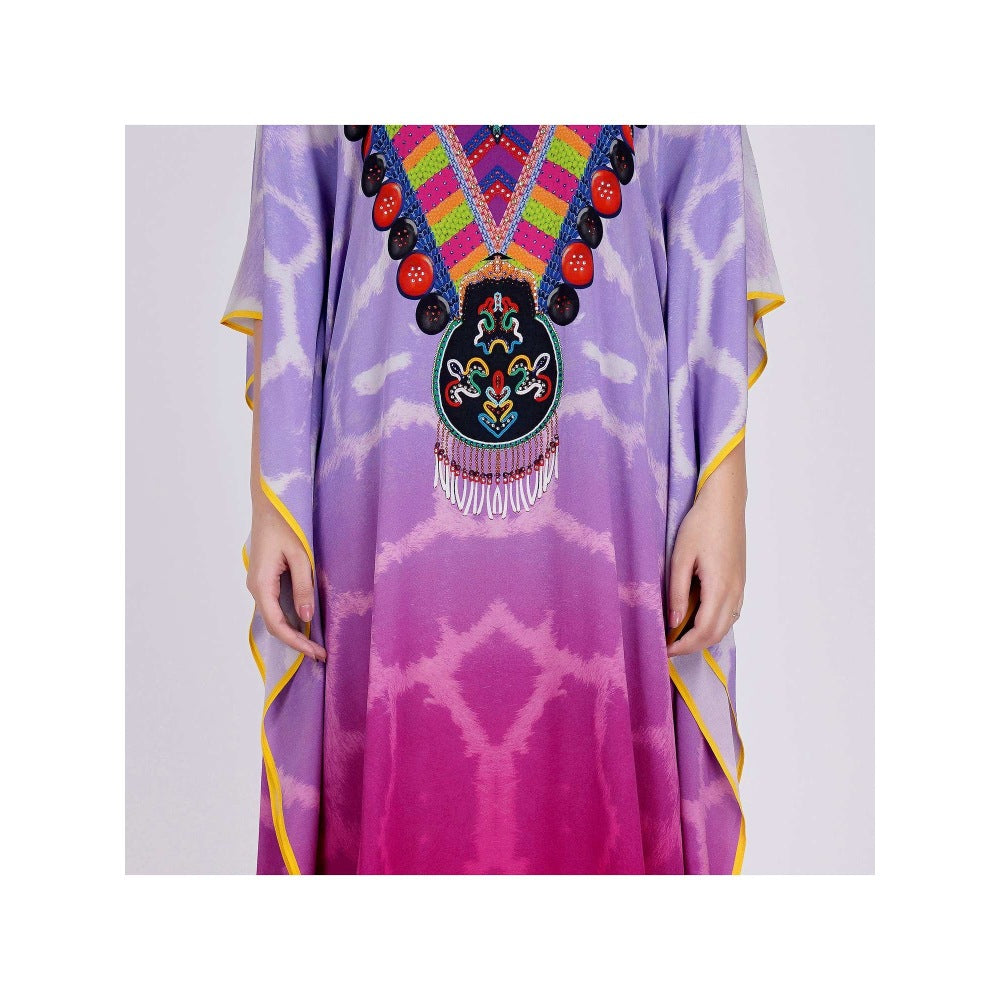 First Resort by Ramola Bachchan Mauve And Fuchsia Print Embellished Silk Full Length Kaftan