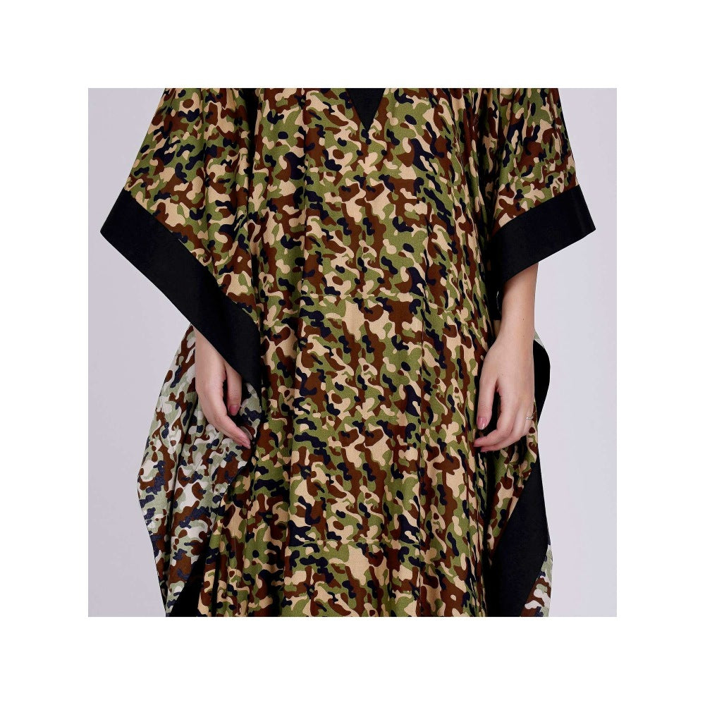 First Resort by Ramola Bachchan Forest Green Camouflage Full Length Kaftan