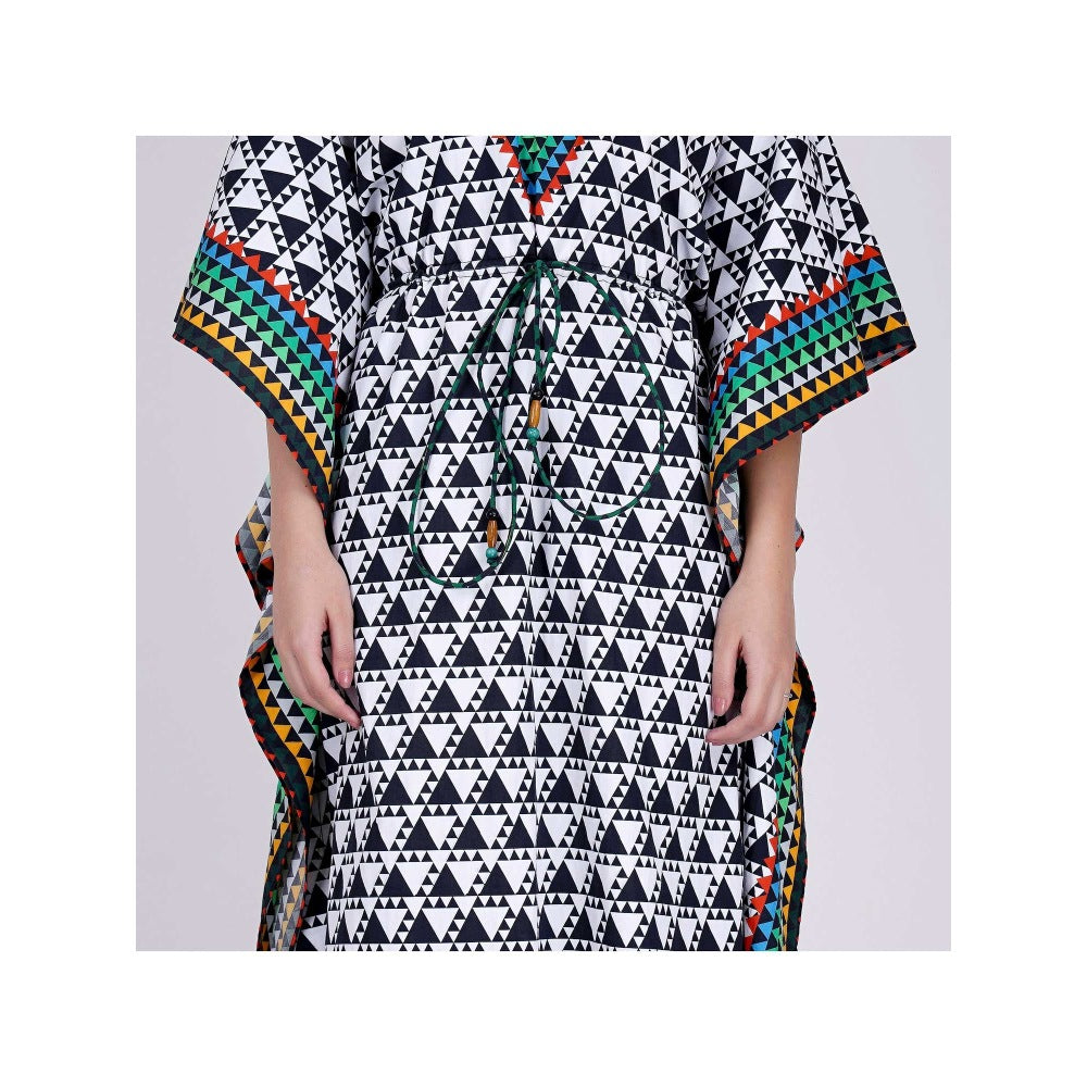 First Resort by Ramola Bachchan Black And White Triangle Geometric Print Full Length Kaftan