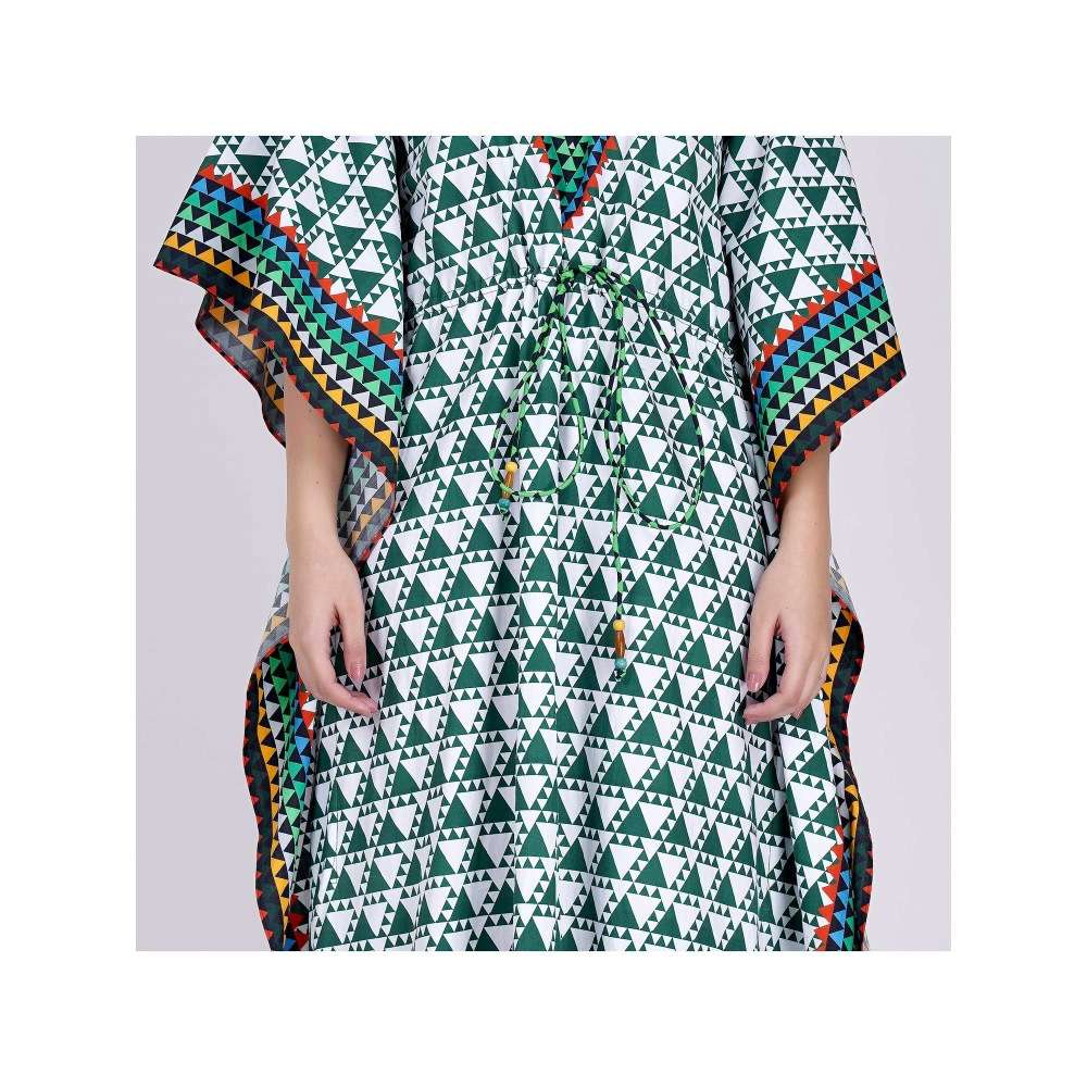First Resort by Ramola Bachchan Green And White Triangle Geometric Print Full Length Kaftan