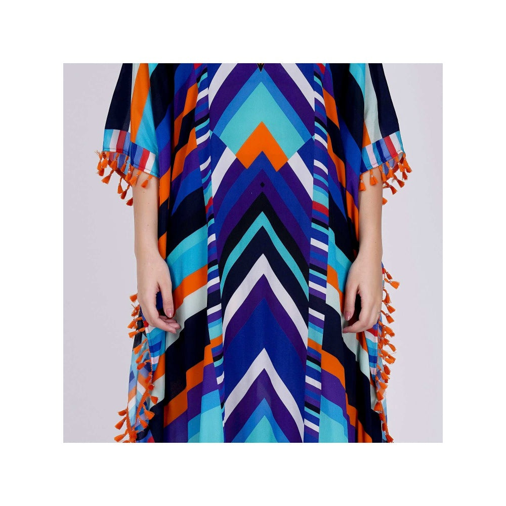 First Resort by Ramola Bachchan Blue And Orange Striped Mid Length Kaftan
