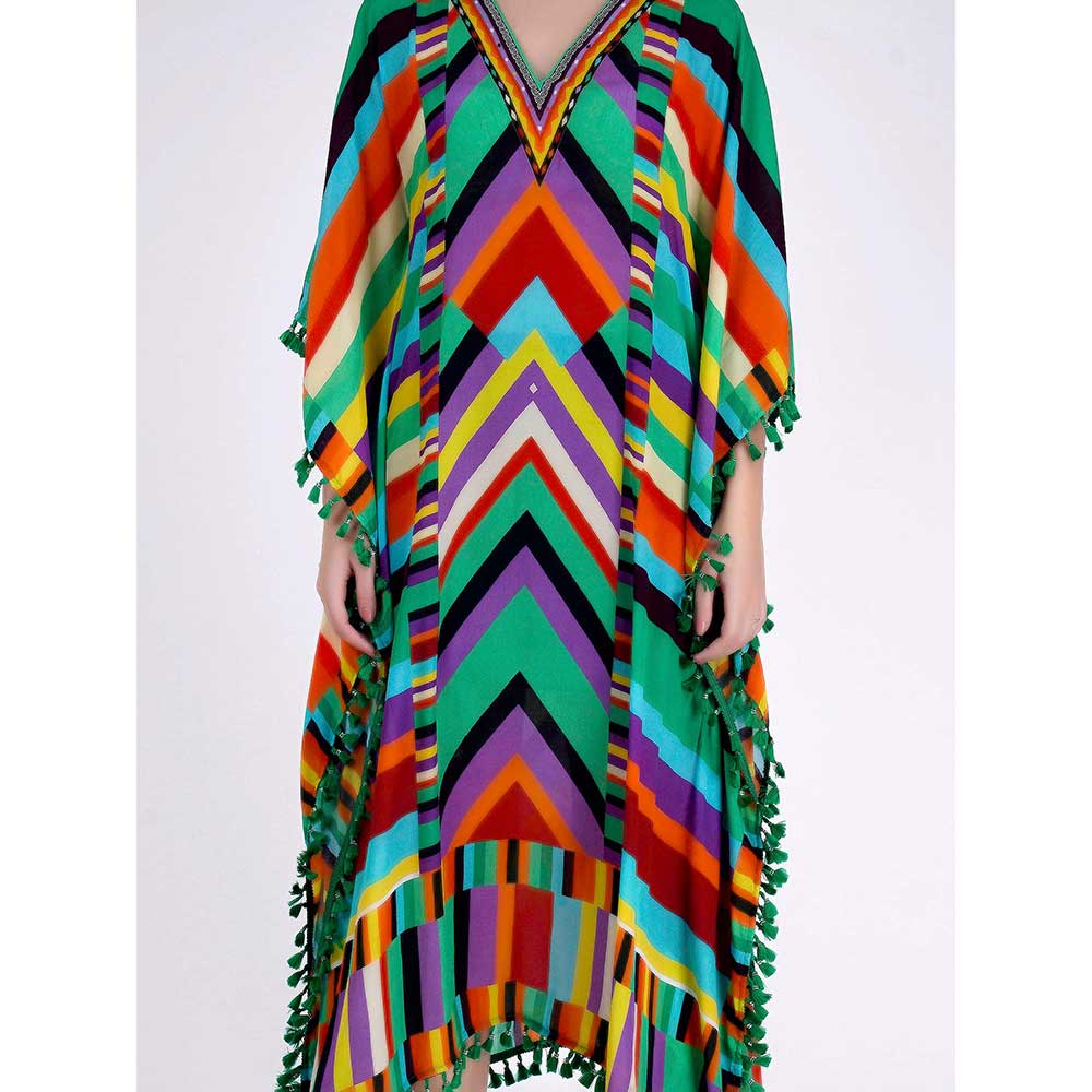 First Resort by Ramola Bachchan Green and Cyan Striped Mid Length Kaftan