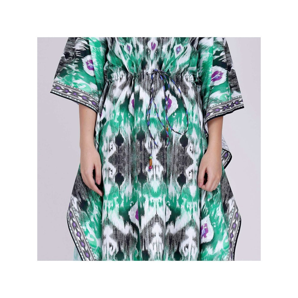First Resort by Ramola Bachchan Green Ikat Print Mid Length Kaftan