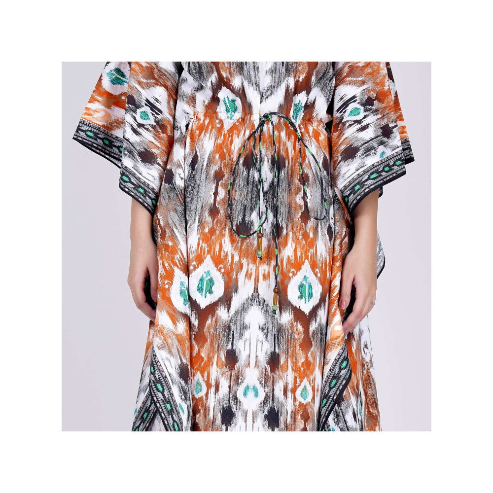 First Resort by Ramola Bachchan Orange Ikat Print Mid Length Kaftan