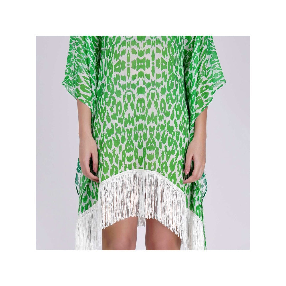 First Resort by Ramola Bachchan Green Embellished Animal Print Kaftan Dress