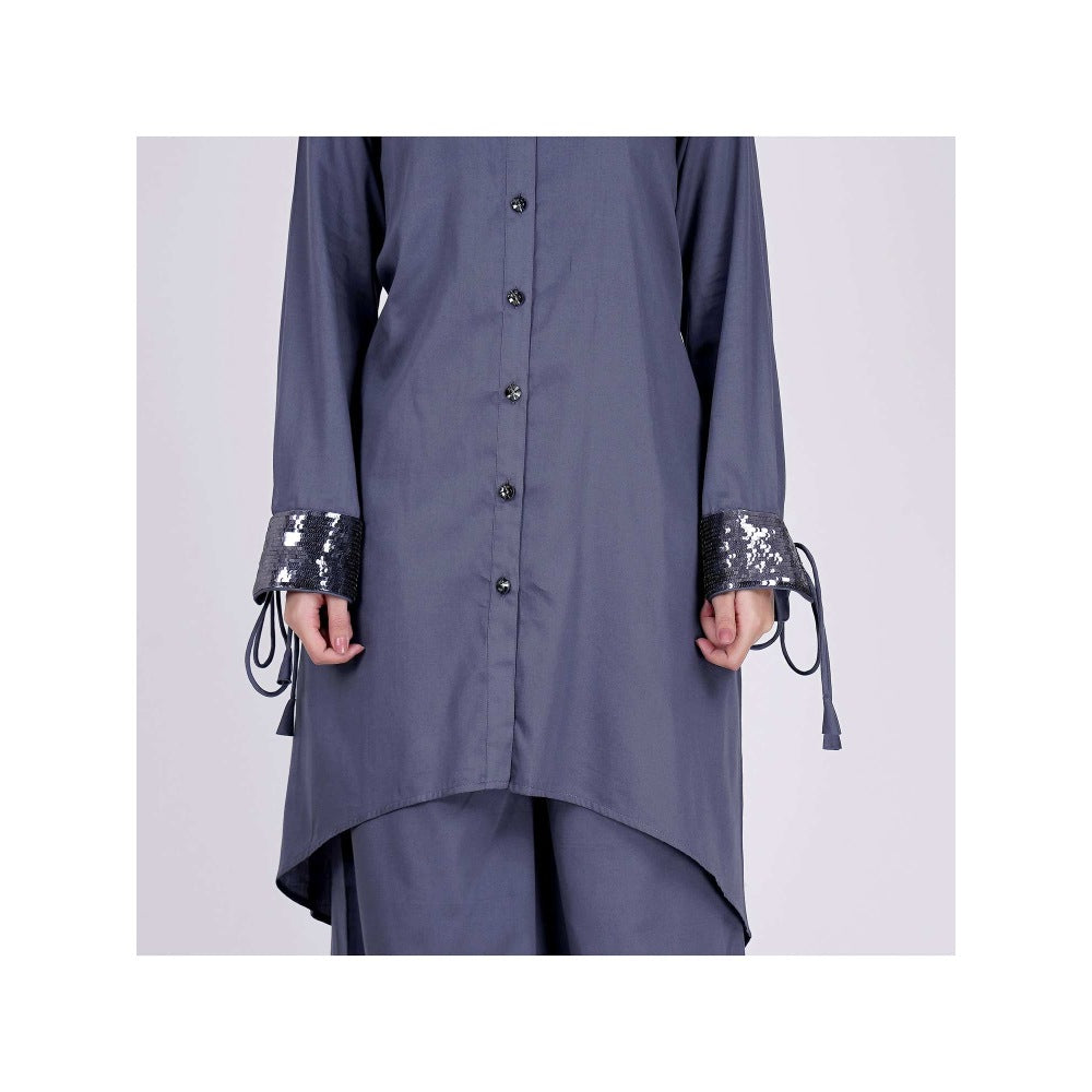 First Resort by Ramola Bachchan Grey Sequined Shirt Dress And Wide Leg Pants (Set of 2)