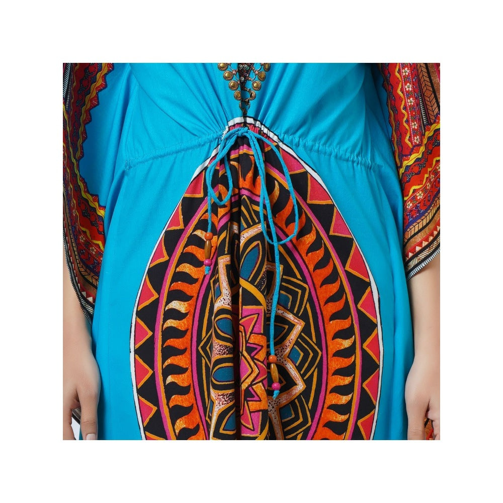 First Resort by Ramola Bachchan Blue Tribal Embellished Flared Sleeves Kaftan Dress