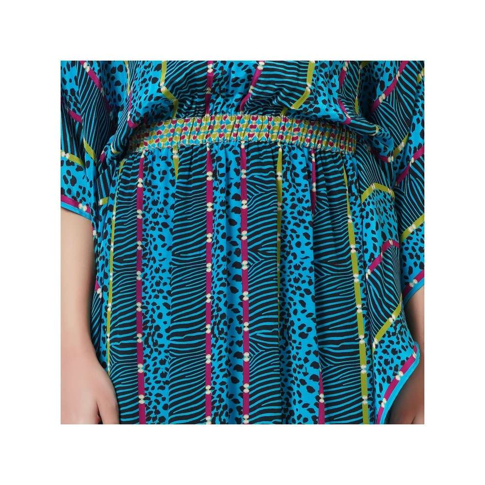 First Resort by Ramola Bachchan Blue Animal Print Silk Flared Sleeves Kaftan Dress