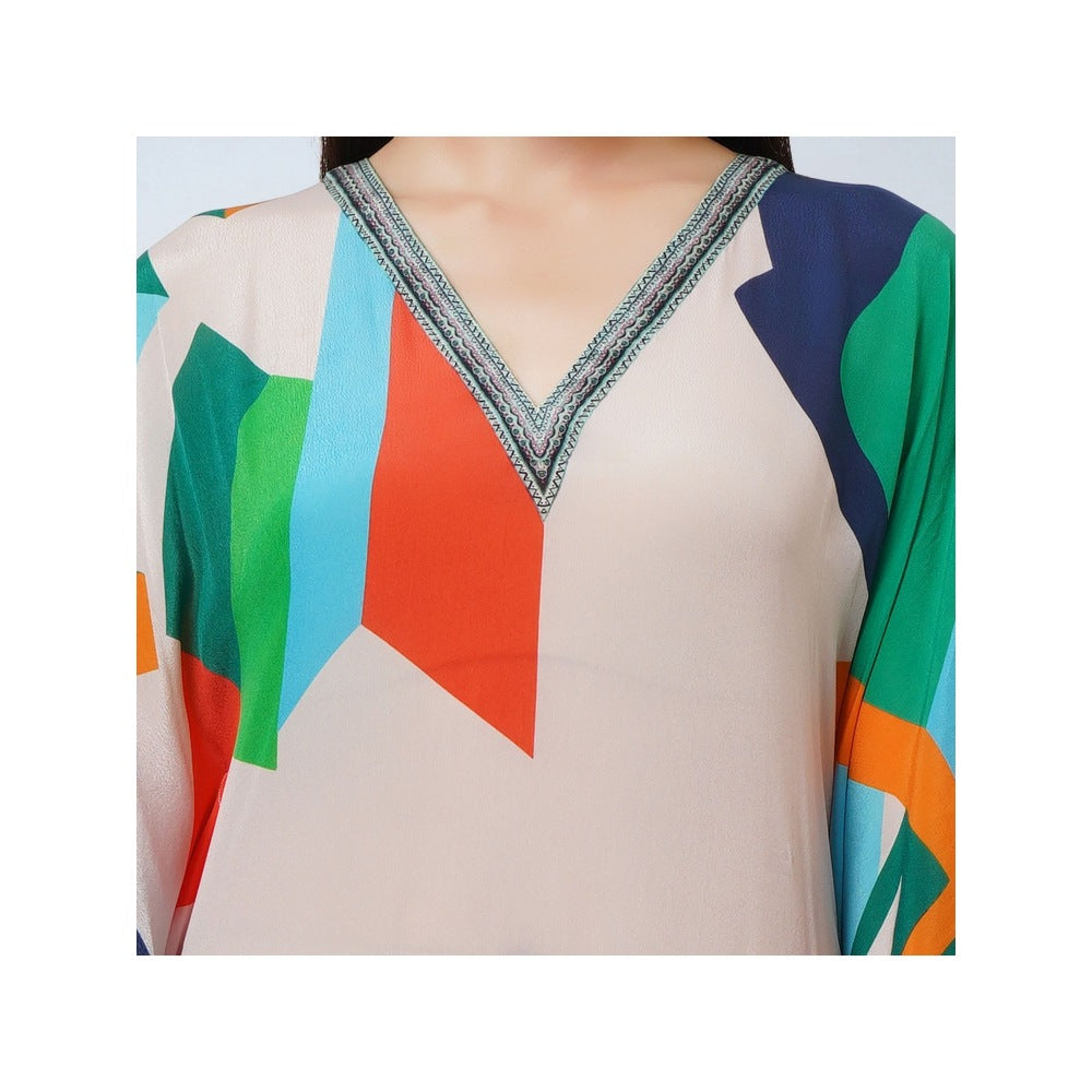 First Resort by Ramola Bachchan Peach Graphic Art Print Flared Sleeves Kaftan Dress