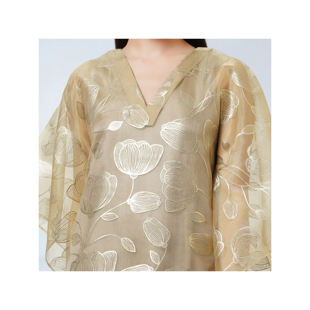 First Resort by Ramola Bachchan Gold Floral Organza Kaftan Dress with Satin Slip (Set of 2)