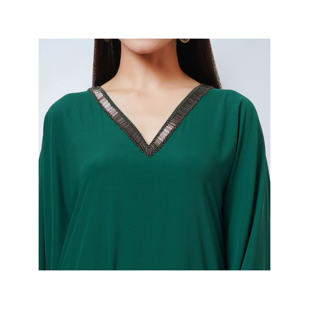 First Resort by Ramola Bachchan Pine Green Neckline Kaftan Dress with Belt (Set of 2)