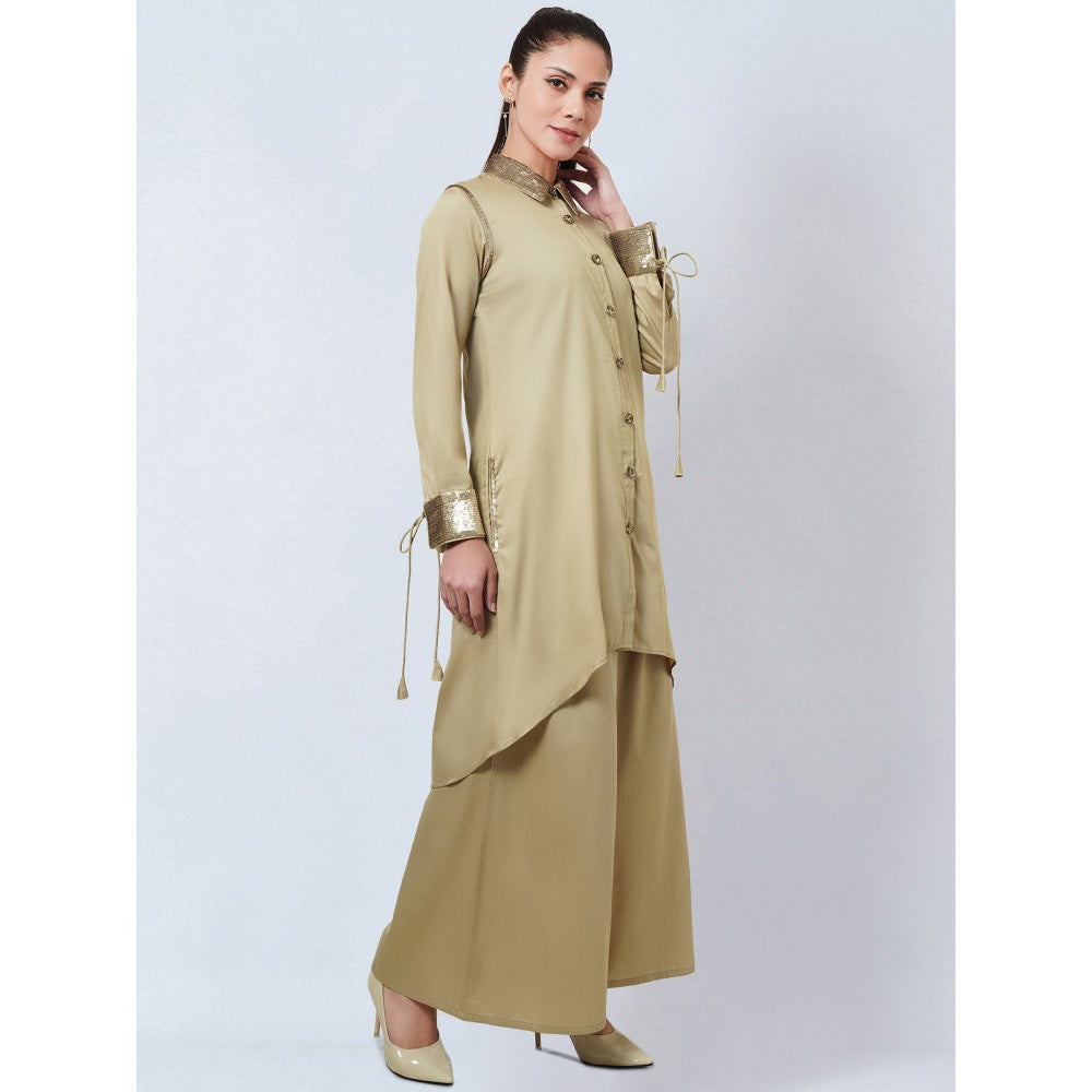 First Resort by Ramola Bachchan Beige Sequinned Shirt Dress & Palazzo Co-Ord (Set of 2)