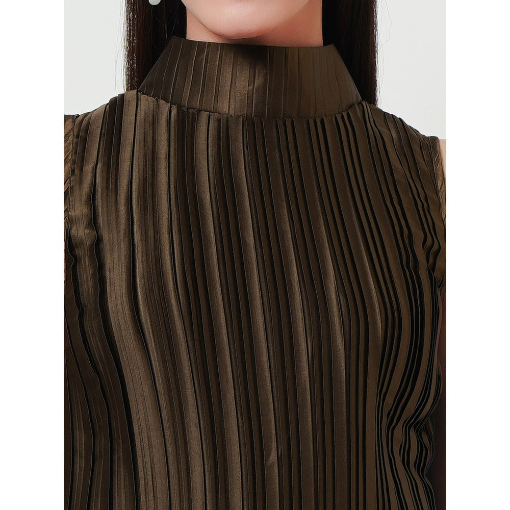 First Resort by Ramola Bachchan Brown Sleeveless Turtle Neck Box Pleated Top
