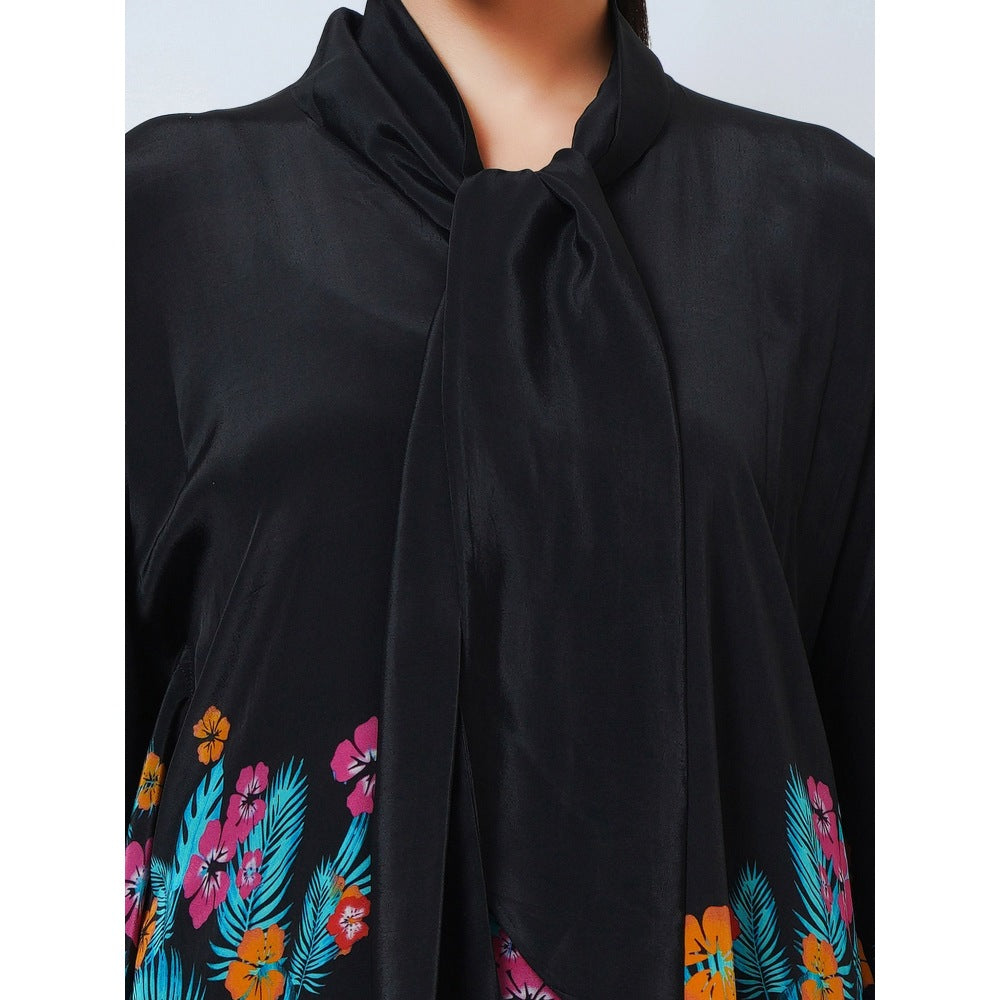 First Resort by Ramola Bachchan Black & Pink Floral Bow Tie Top