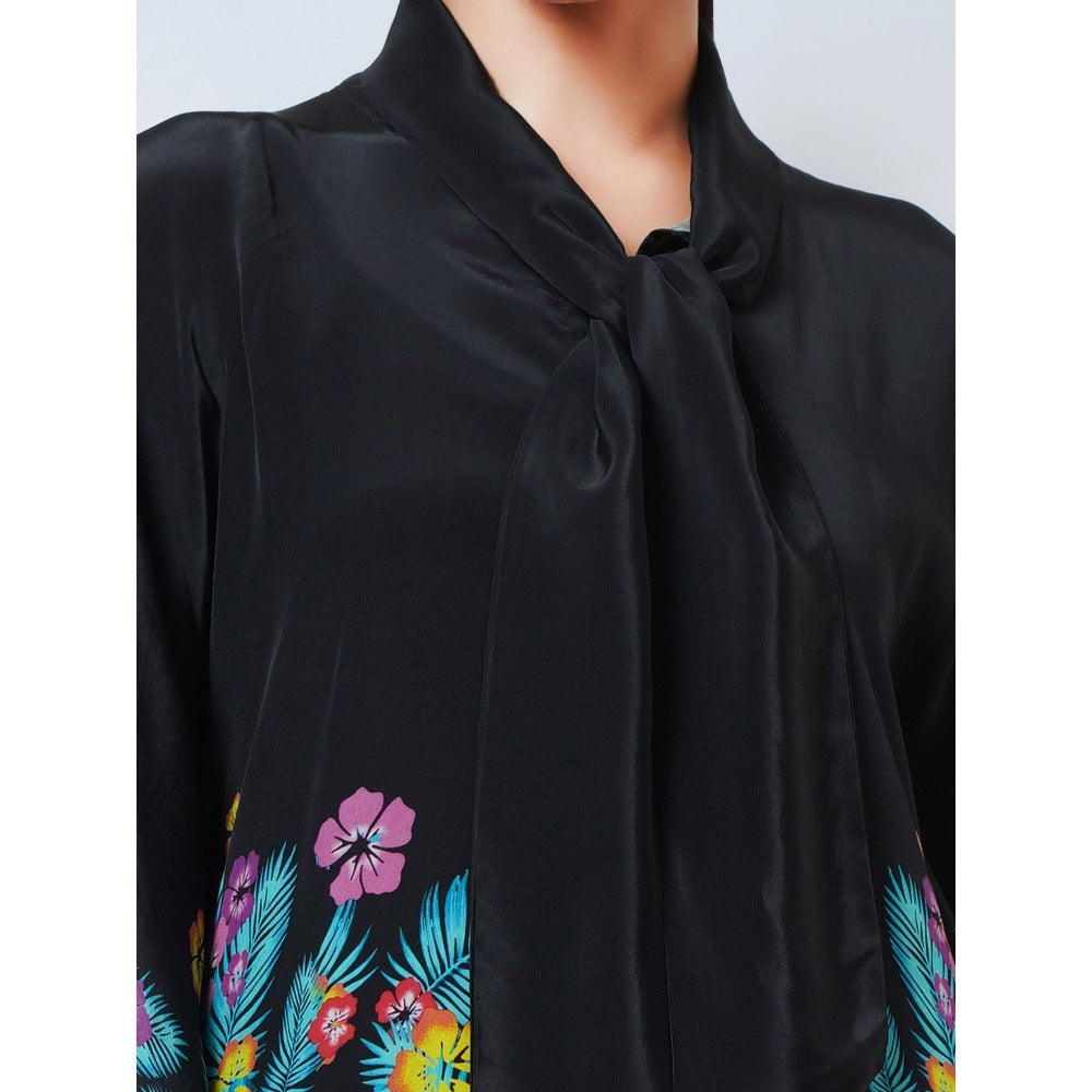 First Resort by Ramola Bachchan Black & Yellow Floral Bow Tie Top