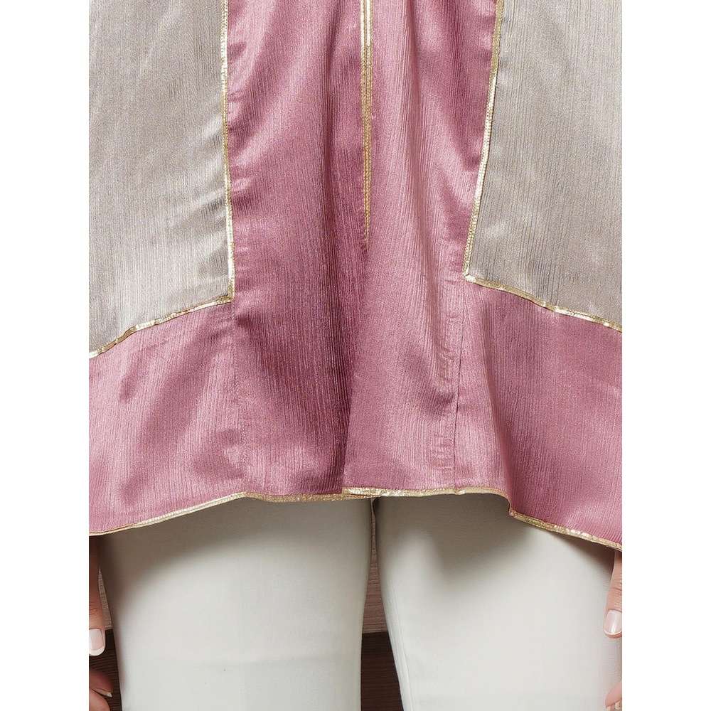 First Resort by Ramola Bachchan Grey Satin Asymmetrical Top with Dusty Rose Border