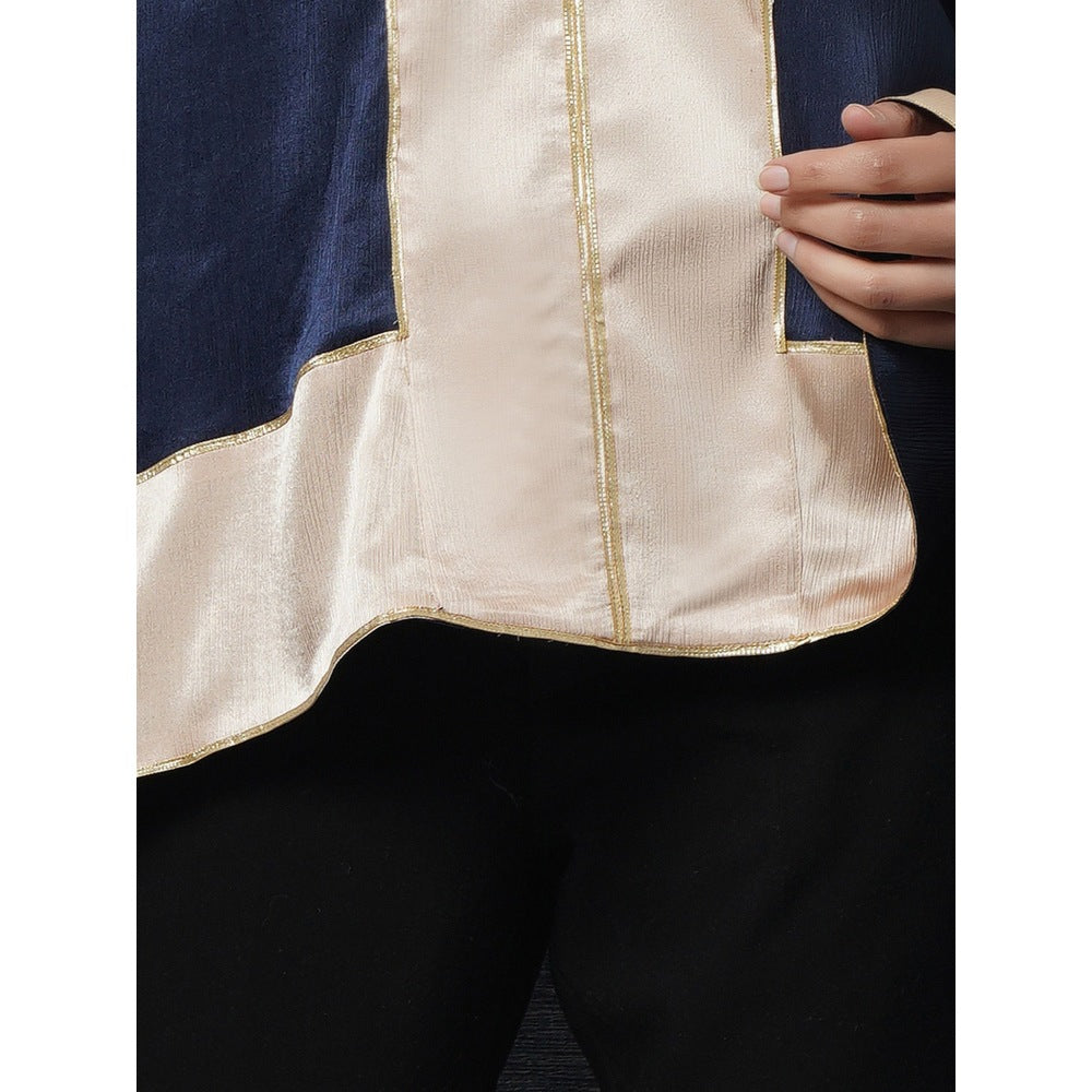 First Resort by Ramola Bachchan Navy Blue Satin Asymmetrical Top with Gold Border