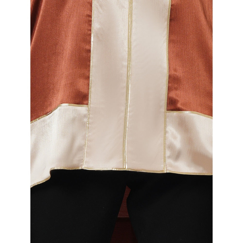 First Resort by Ramola Bachchan Rust Satin Asymmetrical Top with Gold Border