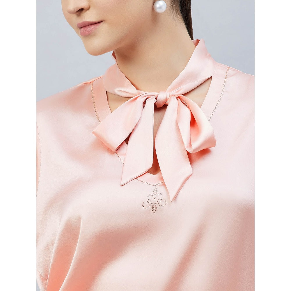 First Resort by Ramola Bachchan Pink Neck-Tie Embellished Satin Shirt