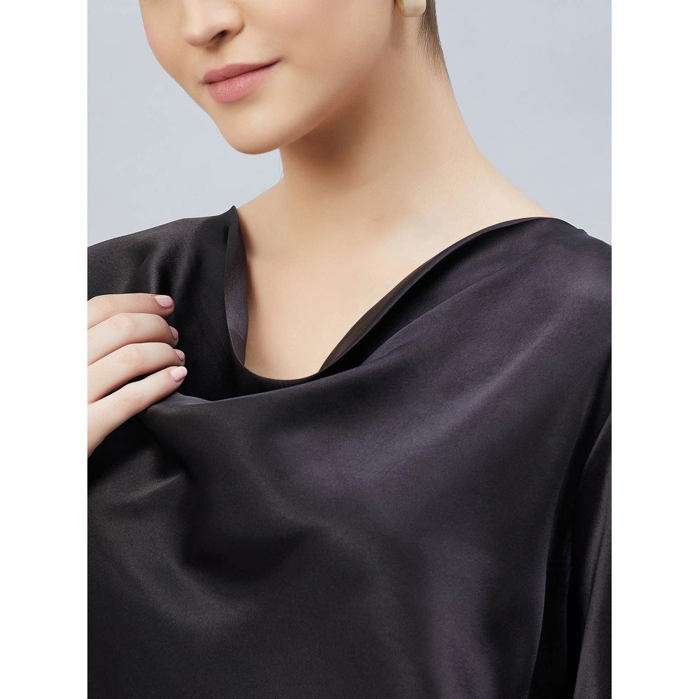 First Resort by Ramola Bachchan Black Cowl Neck Solid Satin Shirt
