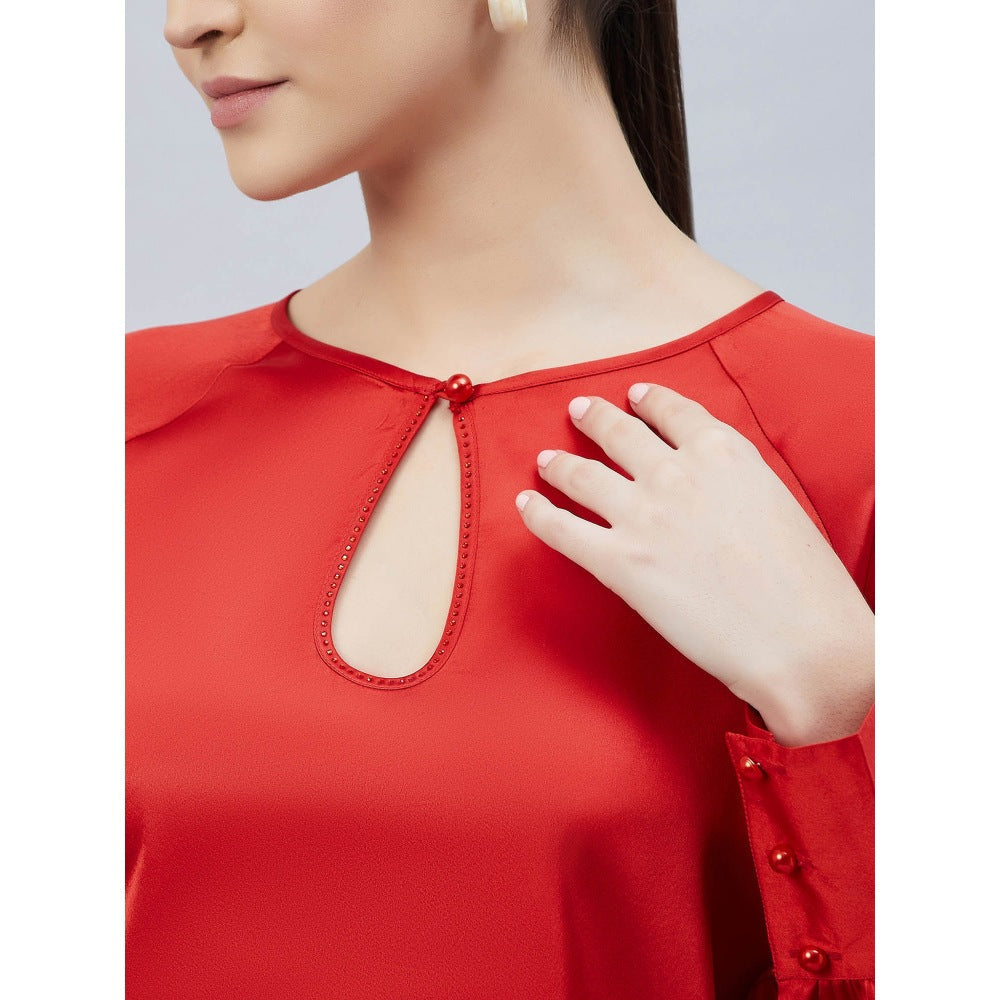 First Resort by Ramola Bachchan Red Keyhole Solid Satin Shirt